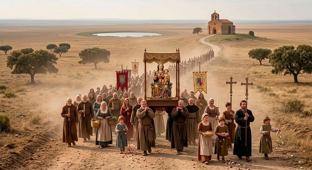 Imagen generada por IA de la procesión de Ntra. Sra. de Manjavacas en 1552